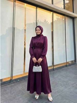 Foremia Kuşak Detay Saten Elbise-Mürdüm -