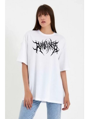 MiraLive Miray- Unisex Bisiklet Yaka Baskılı Oversize T-Shirt - Beyaz