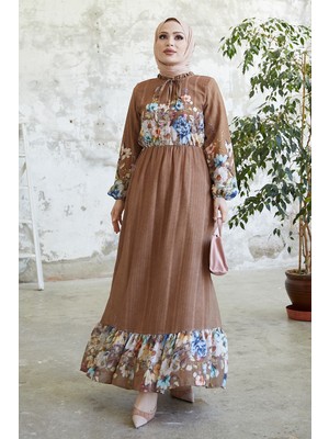 inStyle More Çiçekli Jakarlı Yoryo Şifon Elbise- Taba