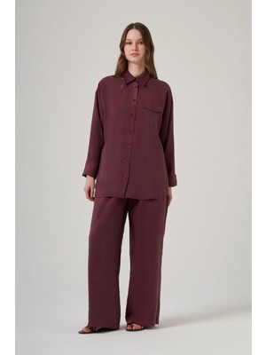 Nuss 1063 Tek Cep Kapak Detaylı Basic Pantolonlu Takım - Mürdüm