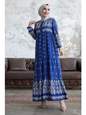 inStyle Selva Önü Püsküllü Desenli Indigo Viskon Elbise