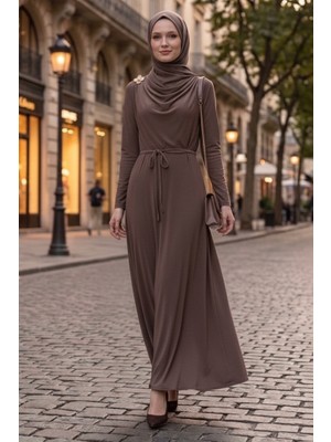 İlkimay.com Şal Bağlamalı Elbise 1691 - Açık Kahve
