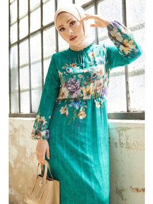 inStyle More Çiçekli Jakarlı Yoryo Şifon Elbise - Su Yeşili