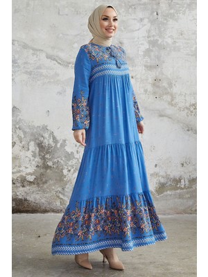 inStyle Sulu Desenli Salaş Elbise - Saks Mavisi