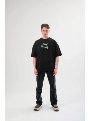 MiraLive Miray- Unisex Bisiklet Yaka Baskılı Oversize T-Shirt - Siyah