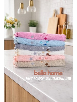 Bella Home Ponponlu Mutfak Havlusu | 30X50 cm | %100 Pamuk | 6’lı Set | Yumuşak & Yüksek Emici