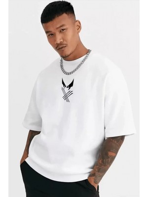 MiraLive Miray- Unisex Bisiklet Yaka Baskılı Oversize T-Shirt - Beyaz