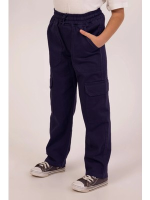 Dmb Boys & Girls Dmb Erkek Çocuk Ayarlanabilir Lastikli Bel Düğme+Fermuar Kapama Kargo Cepli Dokuma Kot Jeans Pantolon Lacivert