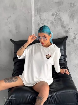 MiraLive Miray- Unisex Bisiklet Yaka Baskılı Oversize T-Shirt - Beyaz