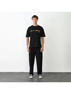 MiraLive Miray- Unisex Bisiklet Yaka Baskılı Oversize T-Shirt - Siyah