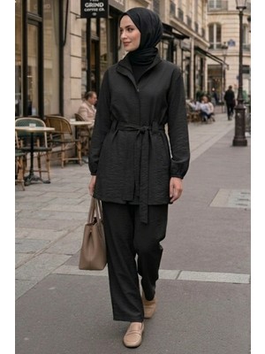 İlkimay.com Gizli Fermuarlı Kuşaklı Ikili Takım 1698 - Siyah