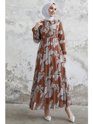 inStyle Elya Çiçek Yakası Kuşaklı Taba Şifon Elbise