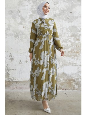 inStyle Elya Çiçek Yakası Kuşaklı Haki Şifon Elbise