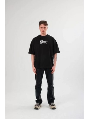 MiraLive Miray- Unisex Bisiklet Yaka Baskılı Oversize T-Shirt - Siyah
