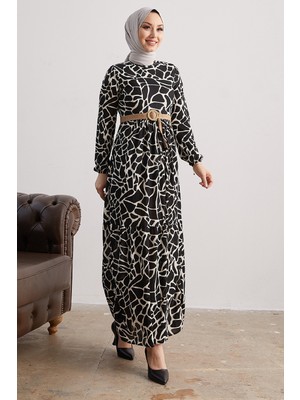 inStyle Else Taş Desenli Hasır Kemerli Siyah Elbise