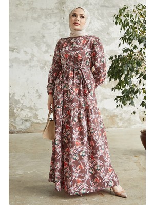 inStyle Felara Çiçek Desen Kuşaklı Elbise - Acı Kahve