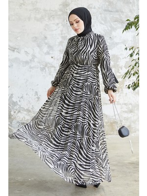 inStyle Desenli Lenda Şifon Elbise - Ekru