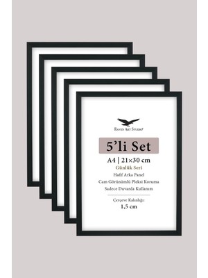 Raven Art Studio 5'li Set - A4 - 21CM x 30CM Hafif  Arka Panel 300 Mikron Şeffaf Pleksiglas Düz Siyah Fotoğraf Çerçevesi