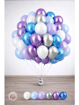 Joyane Metalik Mavi Lavanta Balon Seti 30 Adet 11 Inç Gümüş Lila Beyaz Karışık Latex Parti Balonu