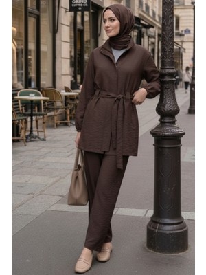 İlkimay.com Gizli Fermuarlı Kuşaklı Ikili Takım 1698 - Kahve