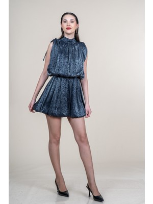 MissVina Dik Yaka Beli Lastikli Omuzları Büzgü Detaylı Desenli Floş 50364