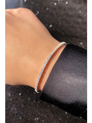Spossy Silver Jewelry 2mm A+ Kalite Zirkon Taşlı, Pırlanta Kilit Su Yolu Bileklik