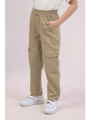 Dmb Boys & Girls Dmb Erkek Çocuk Ayarlanabilir Lastikli Bel Düğme+Fermuar Kapama Kargo Cepli Dokuma Kot Jeans Pantolon Bej