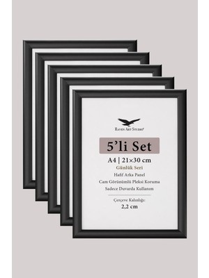 Raven Art Studio 5'li Set - A4 - 21CM x 30CM Hafif  Arka Panel 300 Mikron Şeffaf Pleksiglas Oval Siyah Fotoğraf Çerçevesi