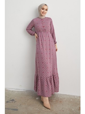 inStyle Siera Kalpli Puantiyeli Dokuma Lila Elbise