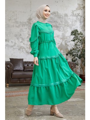 inStyle Güpür Detay Balon Kol Yeşil Elbise