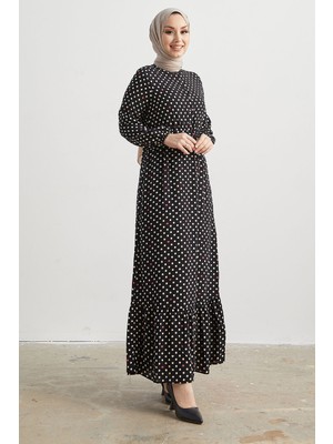 inStyle Siera Kalpli Puantiyeli Dokuma Siyah Elbise