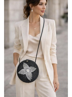 Hasır Bambu Kadın Çantası Yuvarlak Rattan Omuz Çantası El Yapımı Bohem Çapraz Askılı Çanta Çap 20 cm