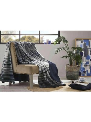 Özdilek Battaniye Pamuk Stripe Ponponlu Tek Kişilik Mavi
