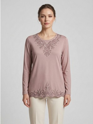 Kadın Orta Yaş ve Üzeri Viskon Yaka Etek Taşlı Işlemeli Likralı Pembe Anne Penye Bluz
