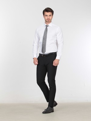 Kip Siyah Düz Dokuma Slim Fit Klasik Yün Karışımlı Pantolon