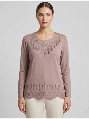 Kadın Orta Yaş ve Üzeri Viskon Damla Desen Taşlı Işlemeli Likralı Pembe Anne Penye Bluz