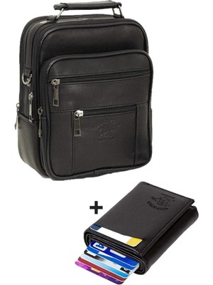 Newish Erkek Hakiki Deri Çapraz El Omuz Çantası ve Mekanizmalı Cüzdan ve Kartlık -NEW272