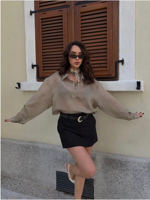 Minaaise Oversize Transparan Çizgili Haki Kadın Gömlek 31036