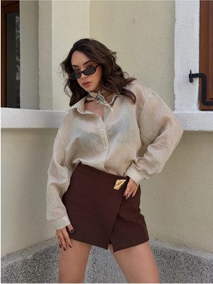 Minaaise Oversize Transparan Çizgili Taş Kadın Gömlek 31036