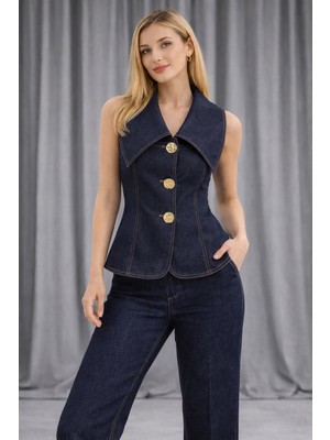 Hiramir Kadın Gold Düğme Detaylı Yelekli Denim Kot Takım YZ2613