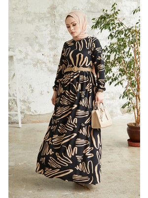 inStyle Vesa Desenli Hasır Kemerli Siyah Elbise