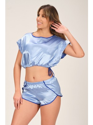 Jumelles Mavi Soft Glow Saten Şort Takımı