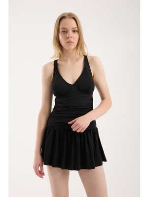 Win Moda Etek ve Bel Büzgülü Içden Taytlı Mayo - Etekli Mayo Fazlalık Kiloları Göstermez