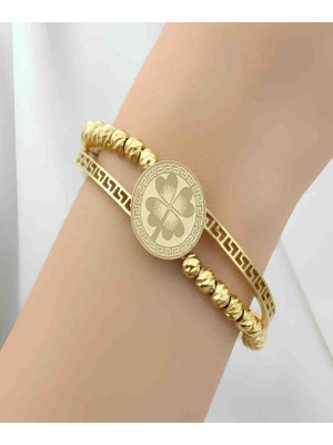 Bontexs Kadın Altın Kaplama Çelik Kelepçe Bileklik - Yonca Figürlü 316L Paslanmaz Çelik Gold Renk Yonca Model Ikili Görünümlü Bileklik