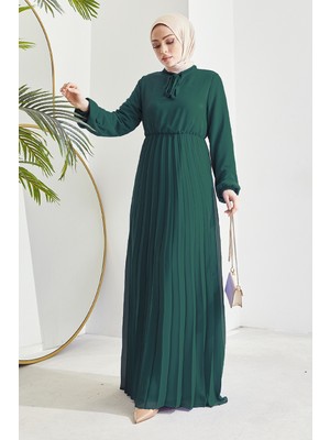 inStyle Piliseli Limelda Petrol Yeşili Şifon Elbise