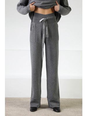 Ferraro Antrasit Beli Kuşaklı Cepli Kaşmirli Kadın Triko Pantolon