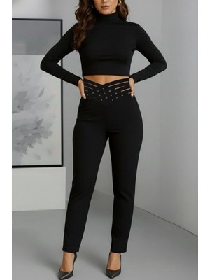 MiraLive Miray- Kadın Yüksek Bel Çapraz Şerit Detaylı Ithal Krep Pantolon