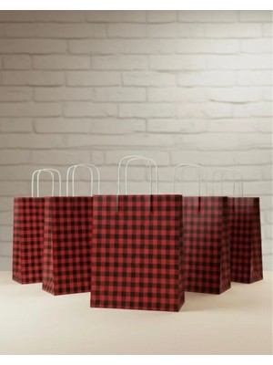 Aybaş Kağıtçılık 1.kalite 25X31CM Büyük BOY(10ADET) Siyah/kırmızı Ekose Kraft Kağıt Çanta,hediye Poşeti,hediye Paketi