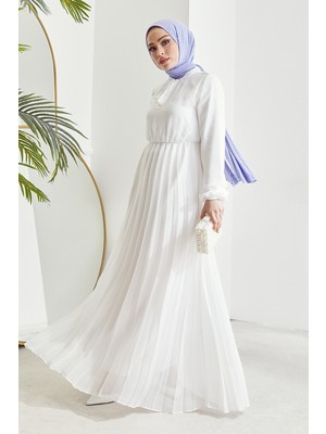 inStyle Piliseli Limelda Beyaz Şifon Elbise