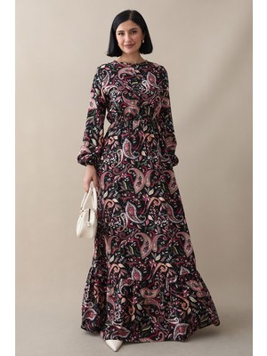 inStyle Şal Desen Dokuma Siyah Elbise